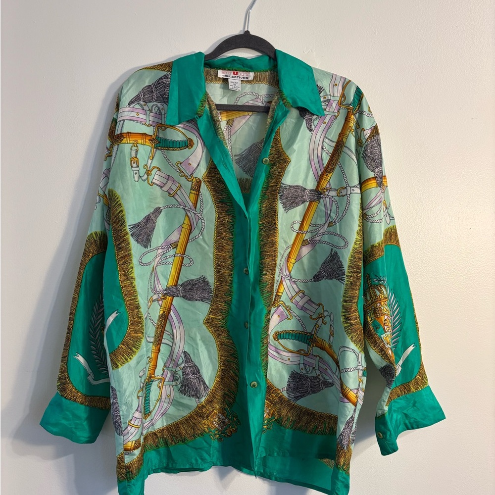 Vintage Green Silk Blouse with Equestrian Print